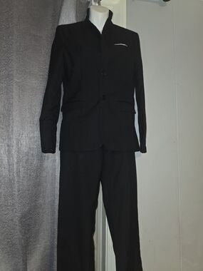 Kids Black Mandarin Collar Blazer and Trouser Set